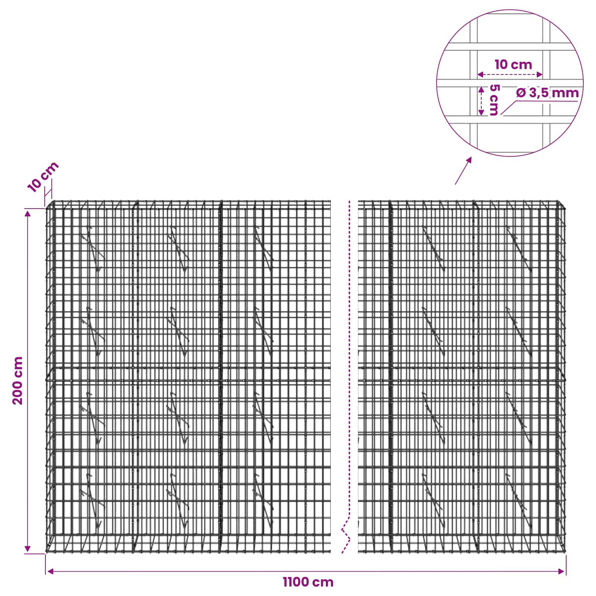 Gabion with 3.5 mm Wire and 5x10 cm Mesh 1100x10x200 cm