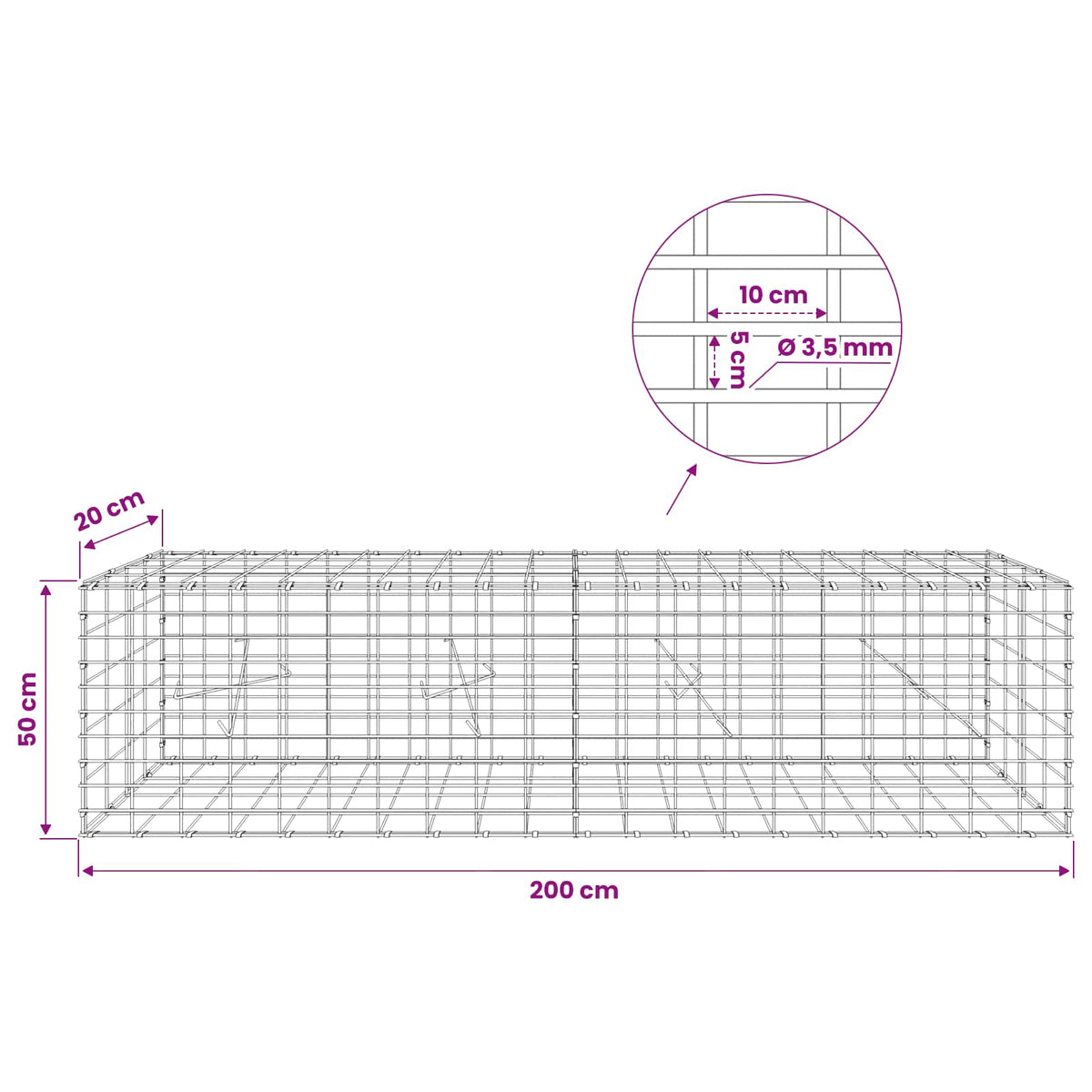 Gabion with 3.5 mm Wire and 5x10 cm Mesh 200x20x50 cm