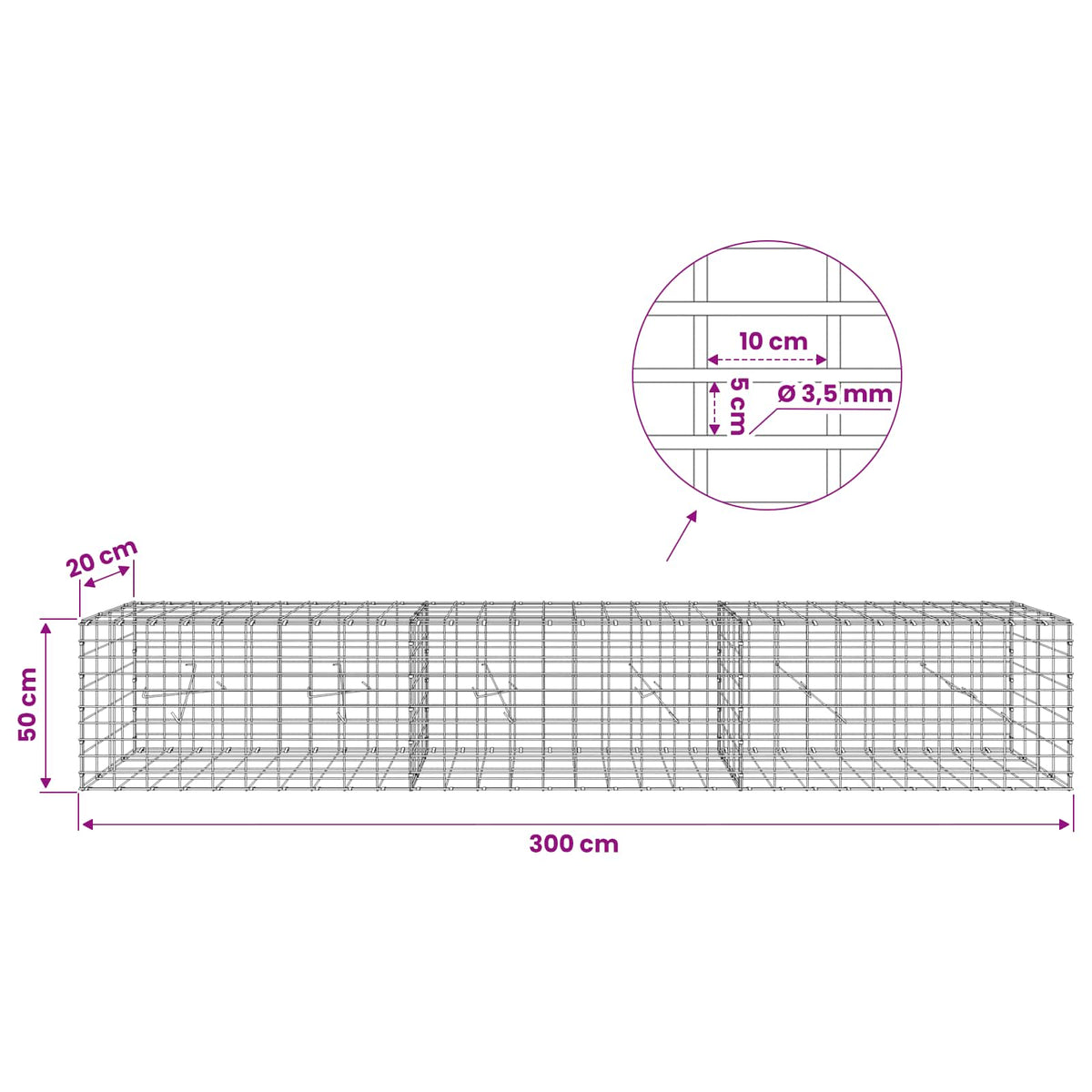 Gabion with 3.5 mm Wire and 5x10 cm Mesh 300x20x50 cm