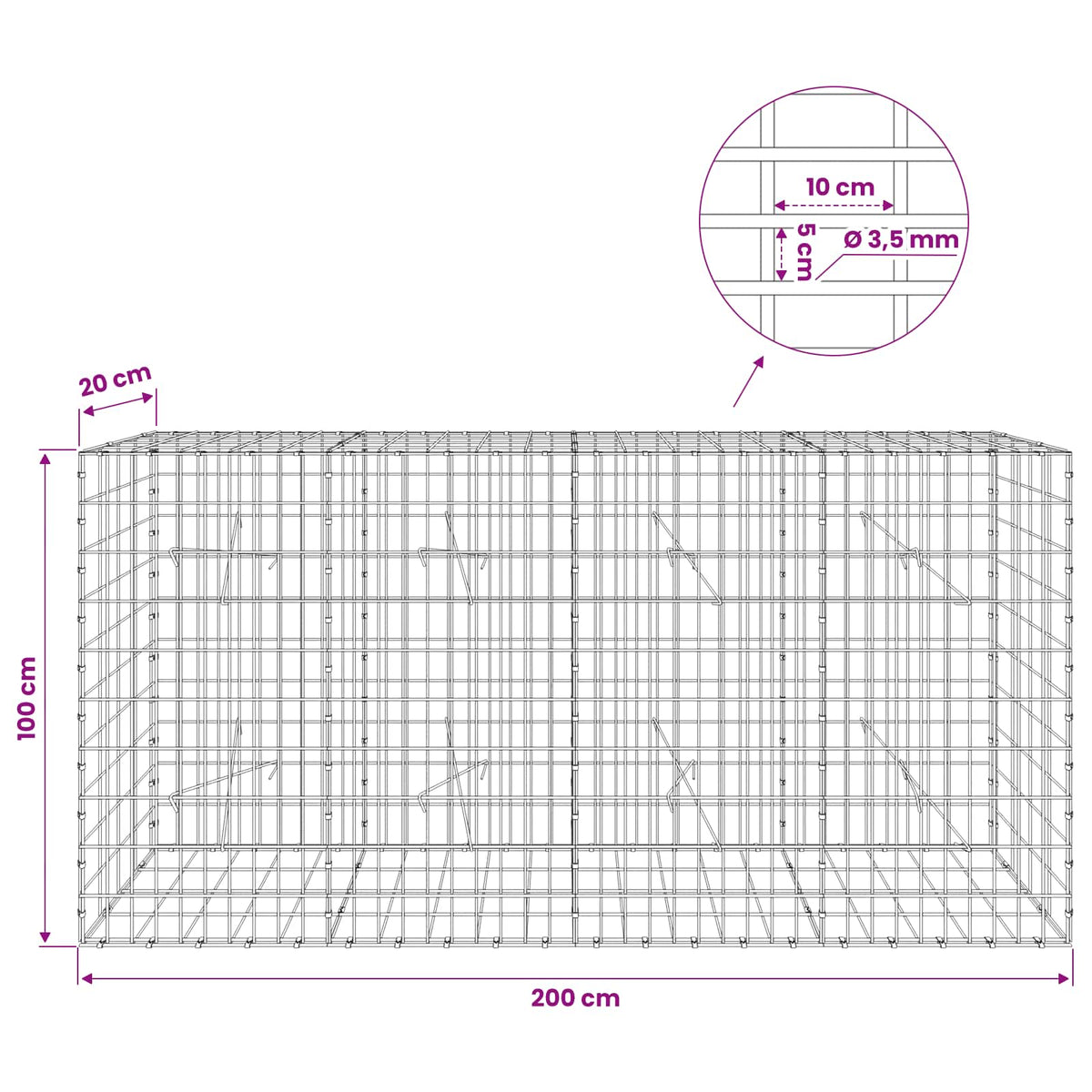 Gabion with 3.5 mm Wire and 5x10 cm Mesh 200x20x100 cm