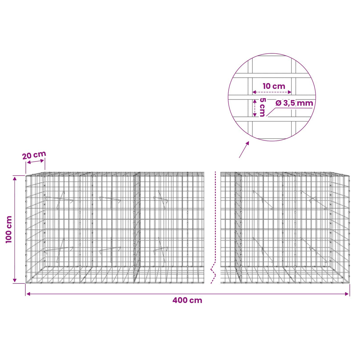Gabion with 3.5 mm Wire and 5x10 cm Mesh 400x20x100 cm