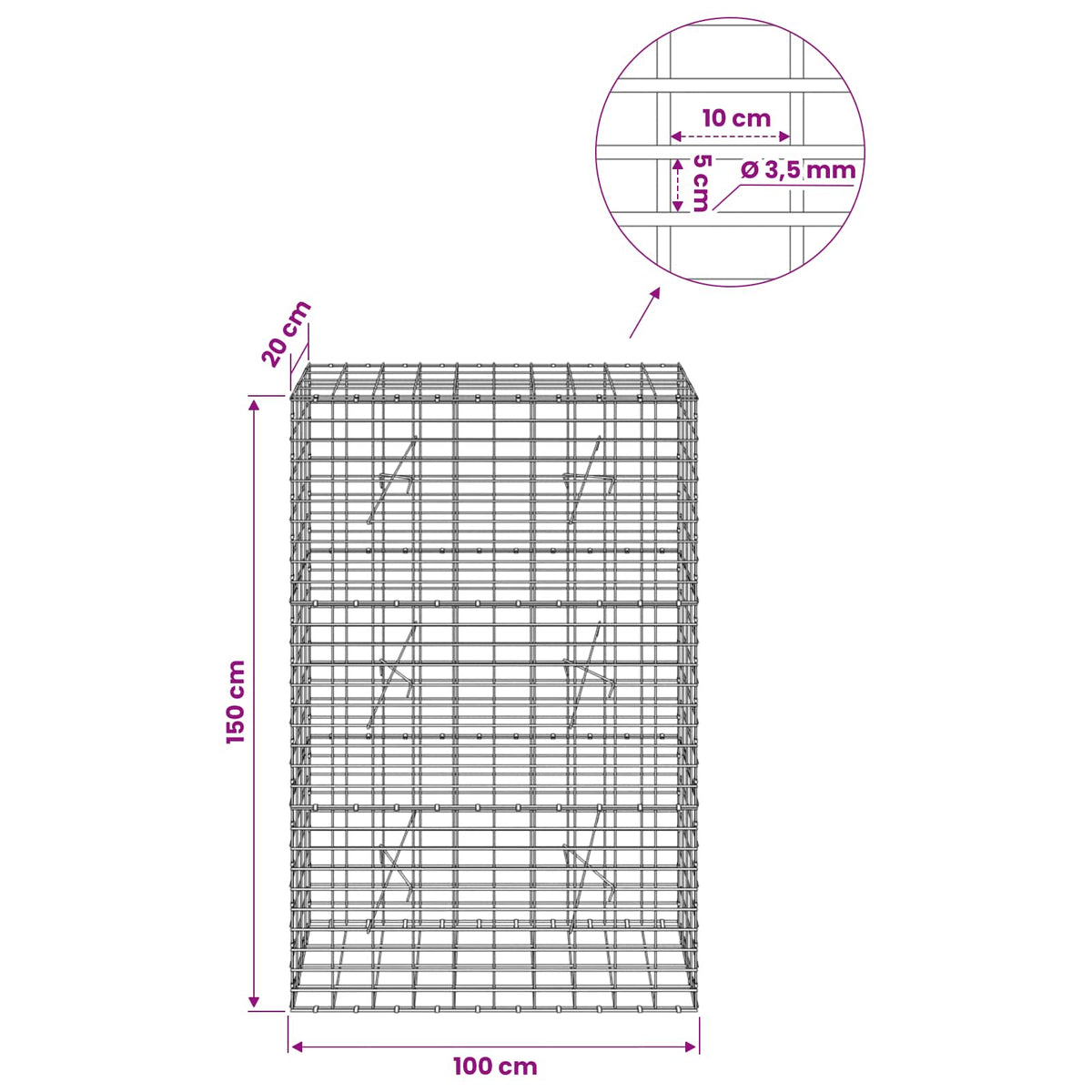 Gabion with 3.5 mm Wire and 5x10 cm Mesh 100x20x150 cm
