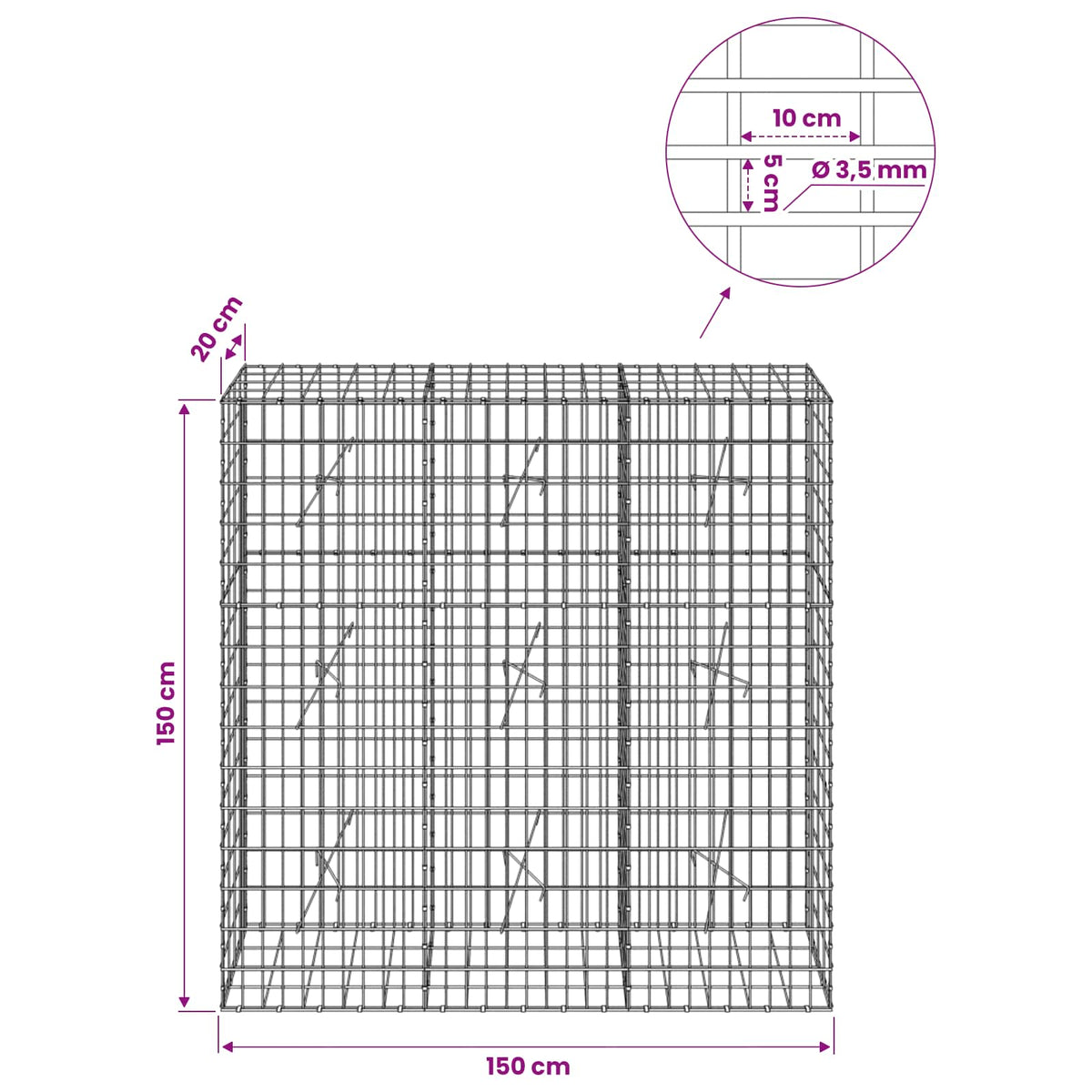 Gabion with 3.5 mm Wire and 5x10 cm Mesh 150x20x150 cm