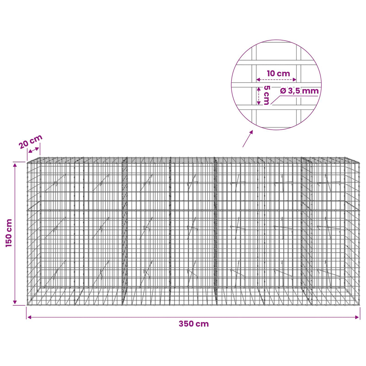 Gabion with 3.5 mm Wire and 5x10 cm Mesh 350x20x150 cm
