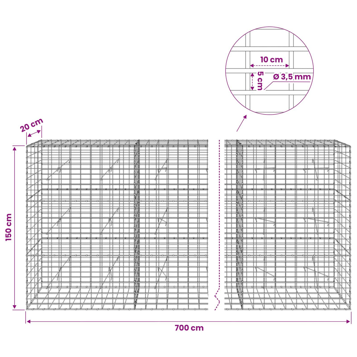 Gabion with 3.5 mm Wire and 5x10 cm Mesh 700x20x150 cm