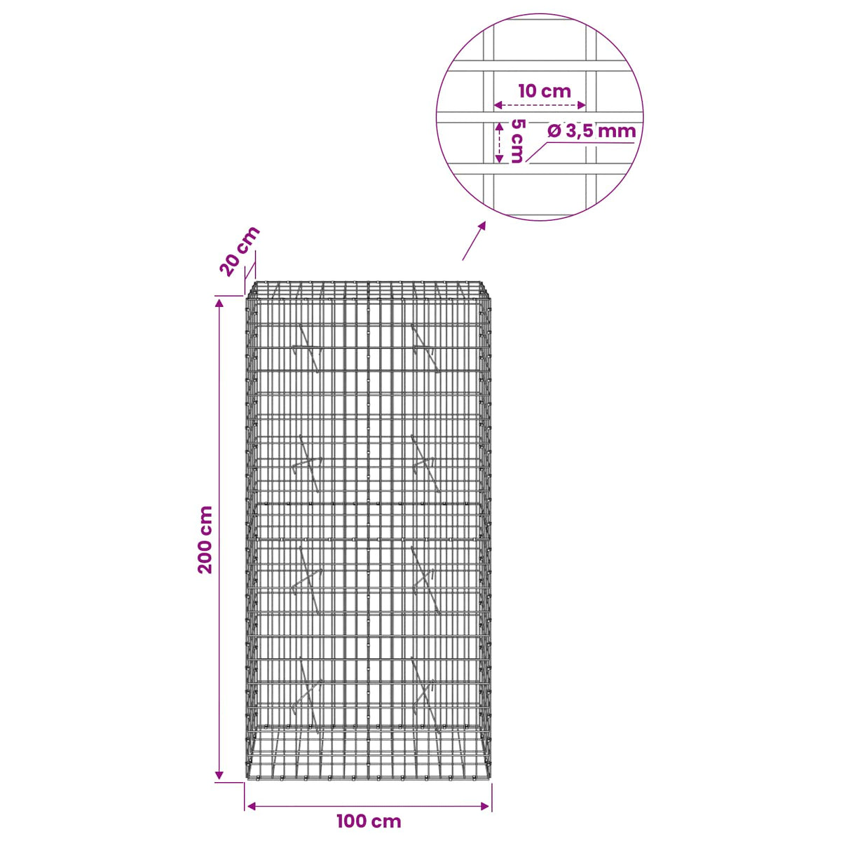 Gabion with 3.5 mm Wire and 5x10 cm Mesh 100x20x200 cm