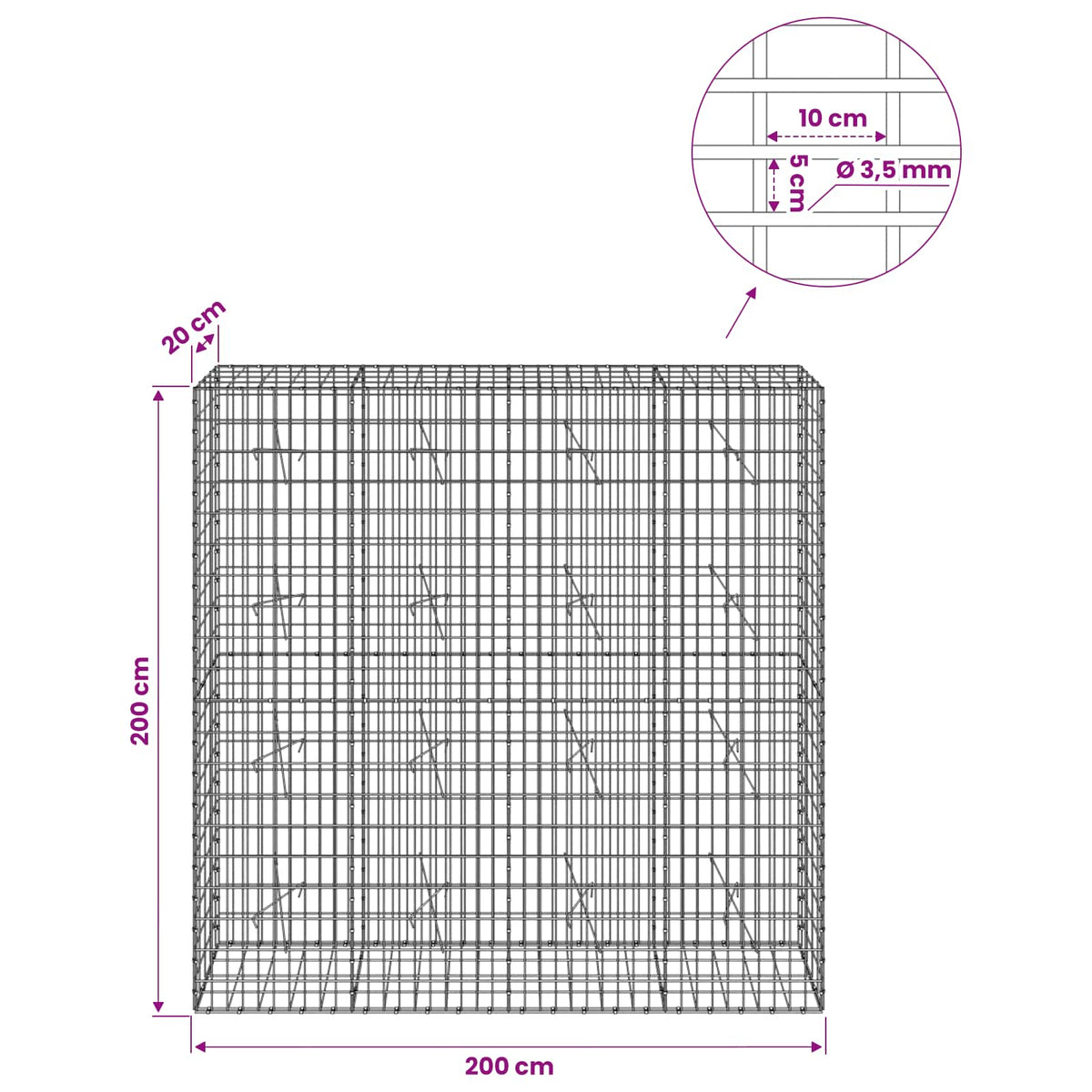Gabion with 3.5 mm Wire and 5x10 cm Mesh 200x20x200 cm