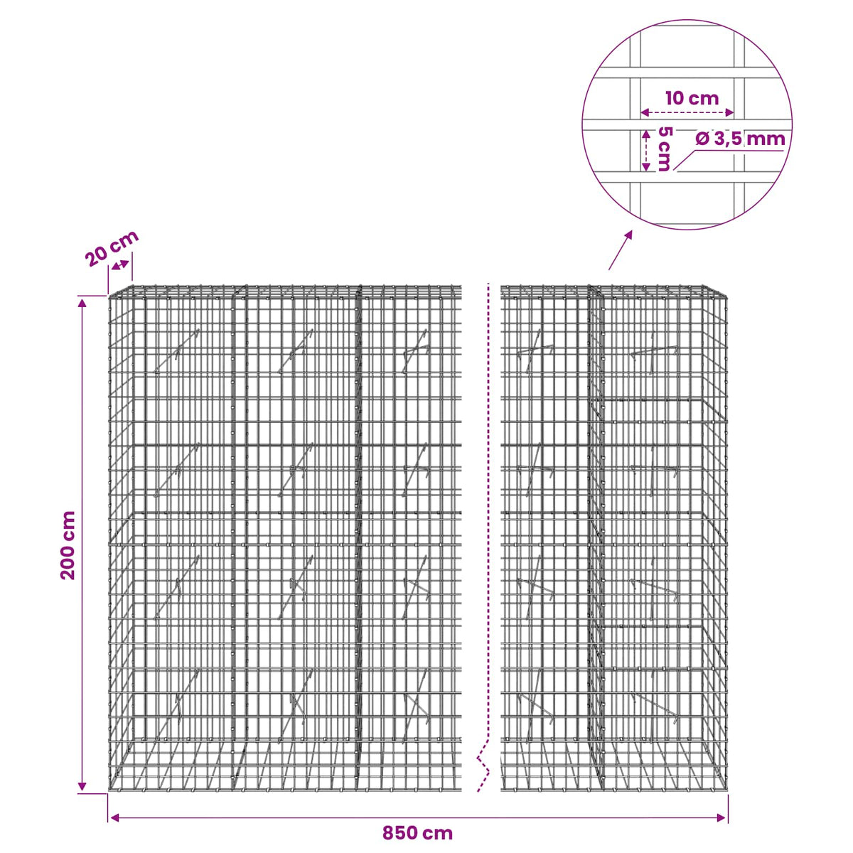 Gabion with 3.5 mm Wire and 5x10 cm Mesh 850x20x200 cm