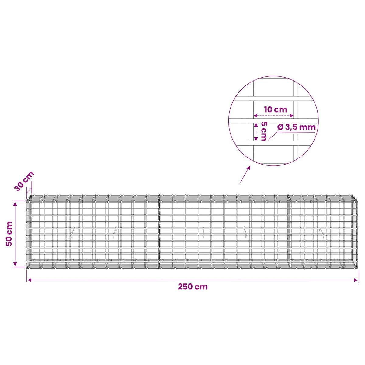 Gabion with 3.5 mm Wire and 5x10 cm Mesh 250x30x50 cm