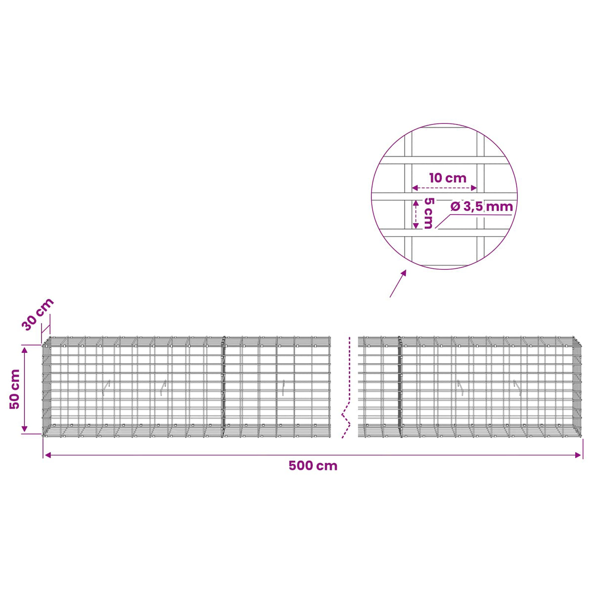 Gabion with 3.5 mm Wire and 5x10 cm Mesh 500x30x50 cm