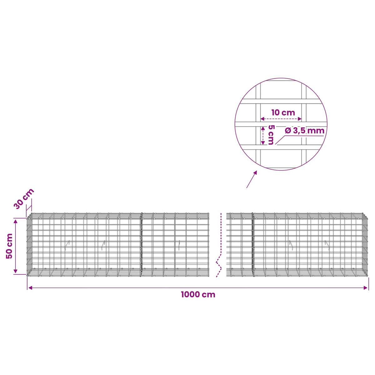 Gabion with 3.5 mm Wire and 5x10 cm Mesh 1000x30x50 cm