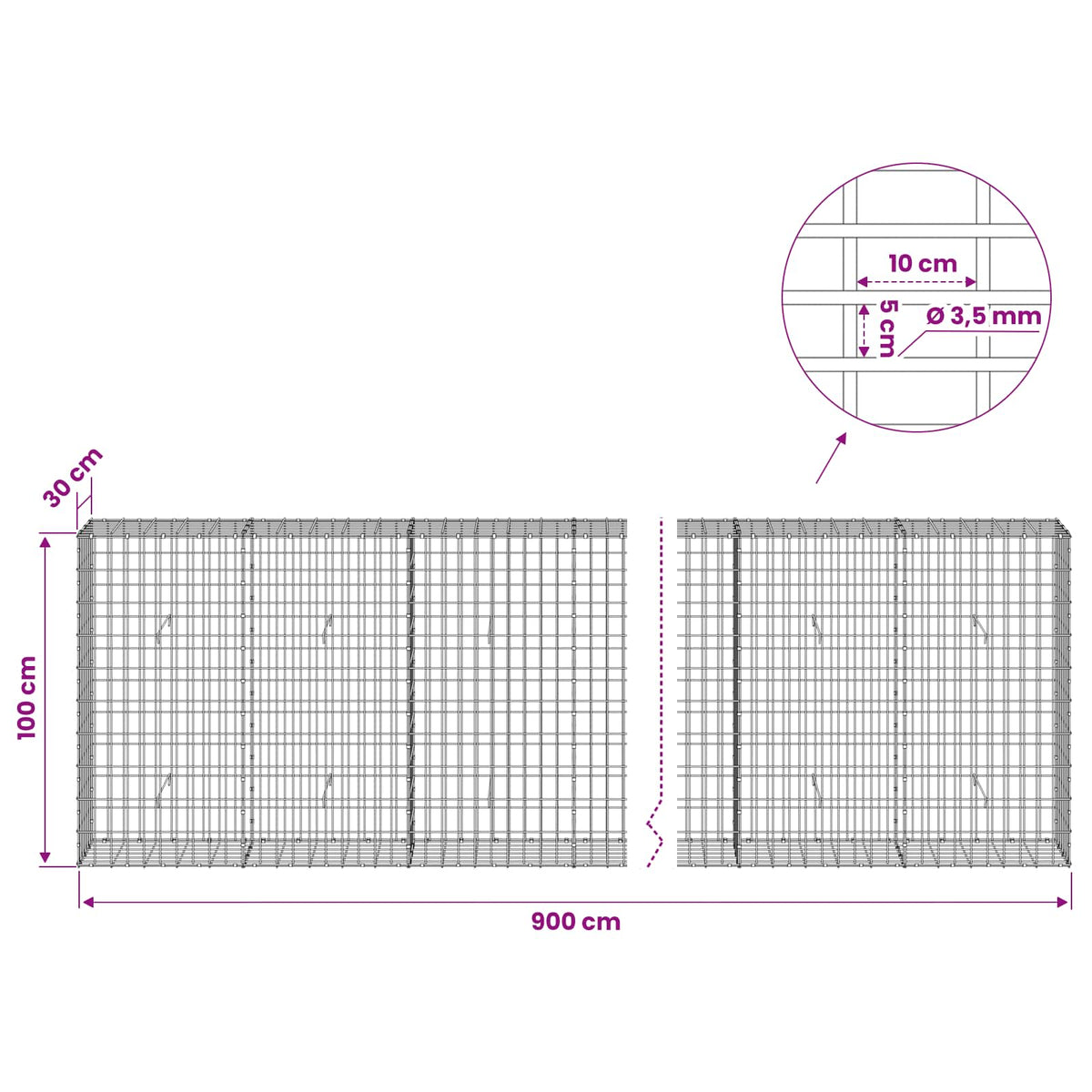 Gabion with 3.5 mm Wire and 5x10 cm Mesh 900x30x100 cm
