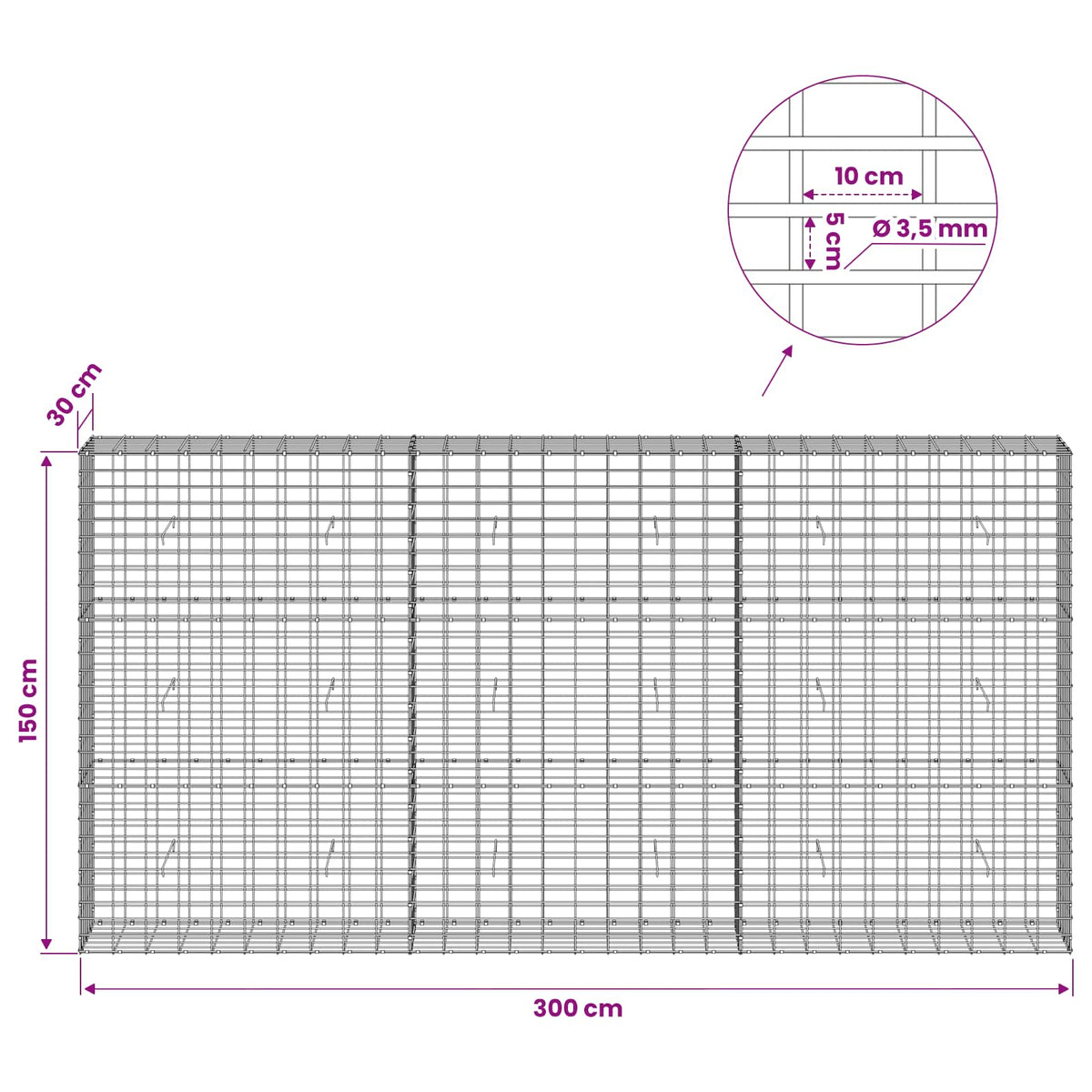 Gabion with 3.5 mm Wire and 5x10 cm Mesh 300x30x150 cm