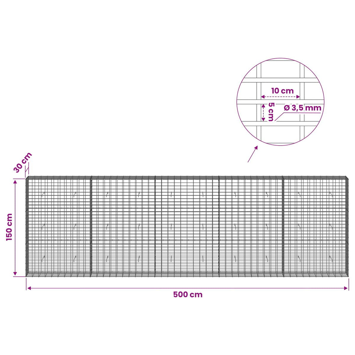 Gabion with 3.5 mm Wire and 5x10 cm Mesh 500x30x150 cm