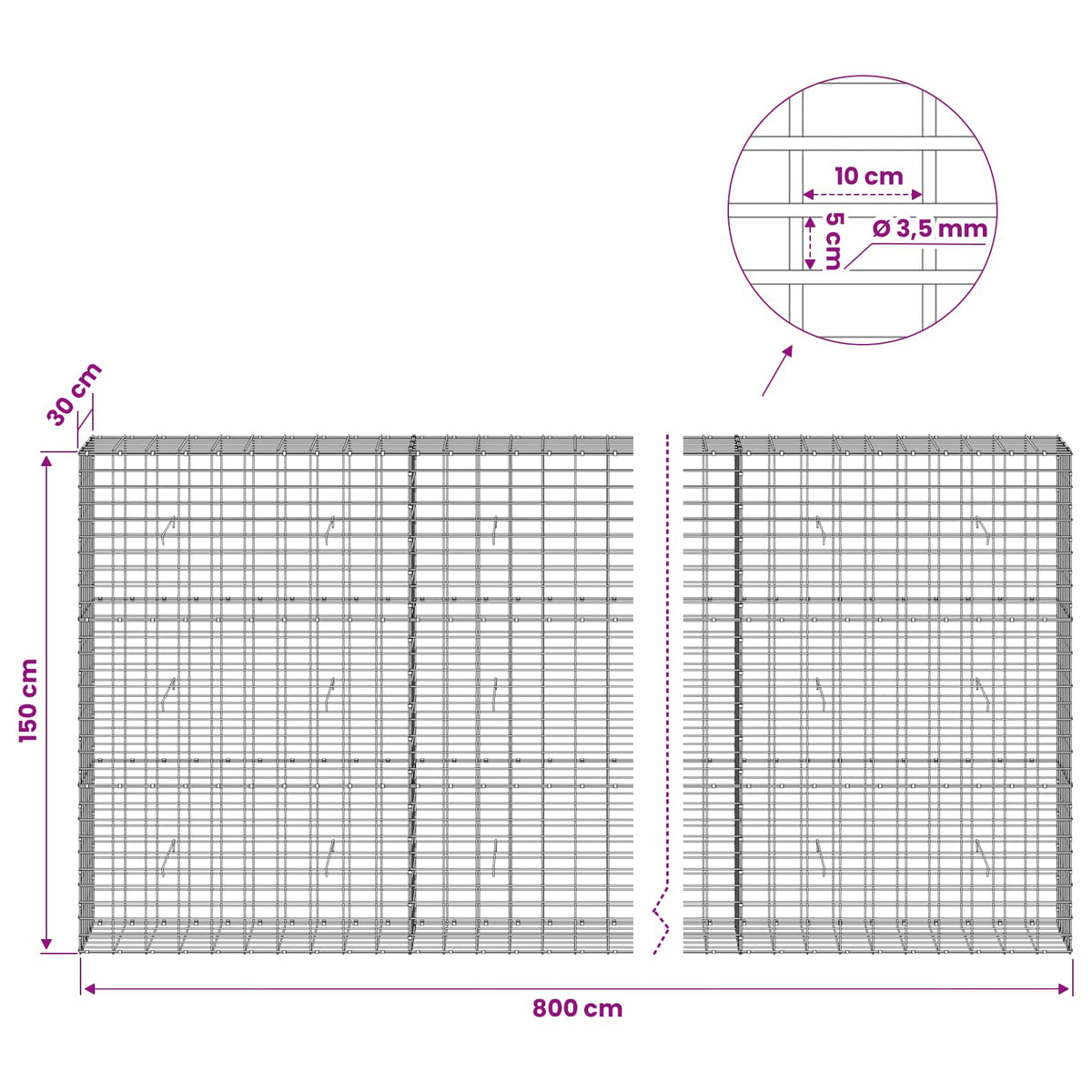 Gabion with 3.5 mm Wire and 5x10 cm Mesh 800x30x150 cm