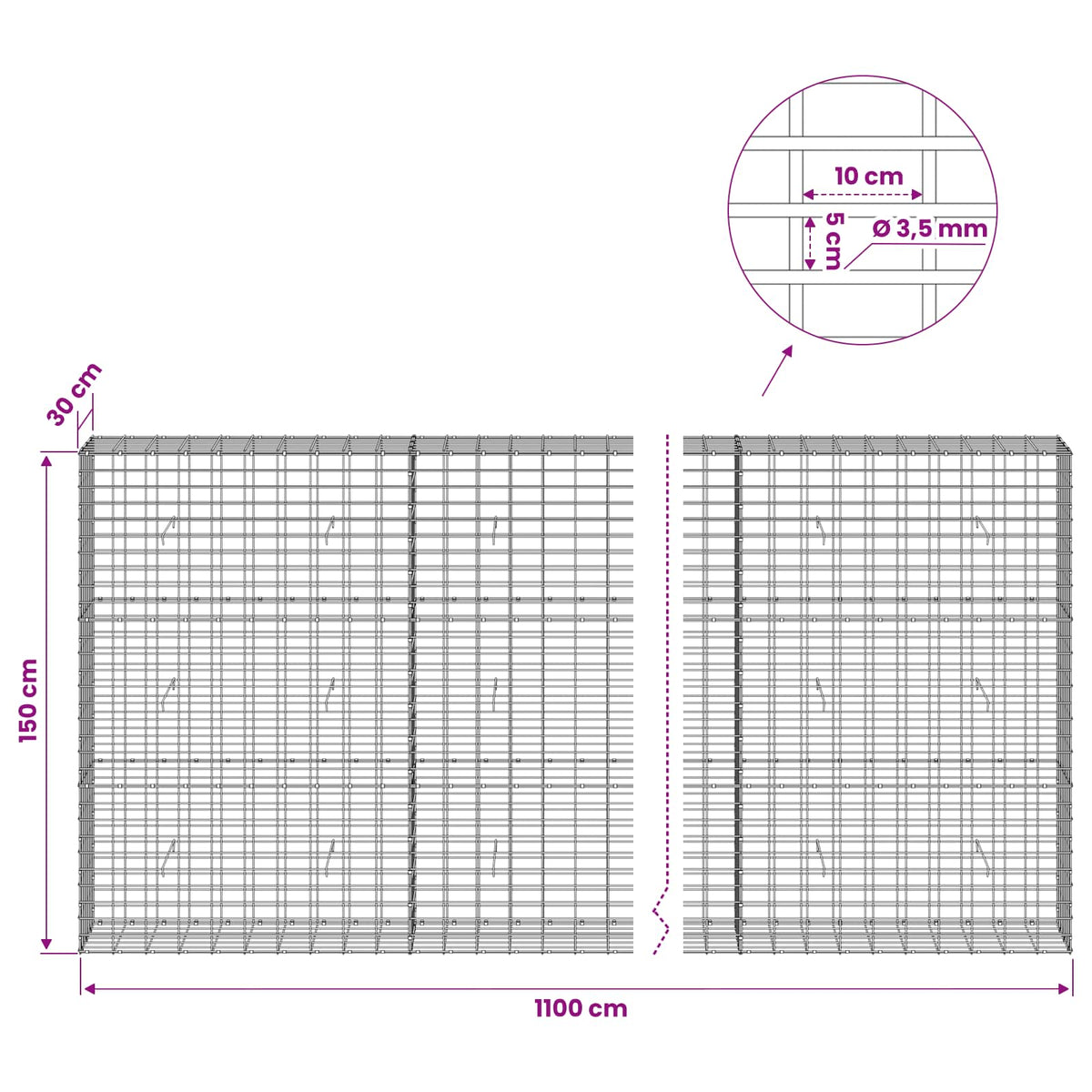 Gabion with 3.5 mm Wire and 5x10 cm Mesh 1100x30x150 cm