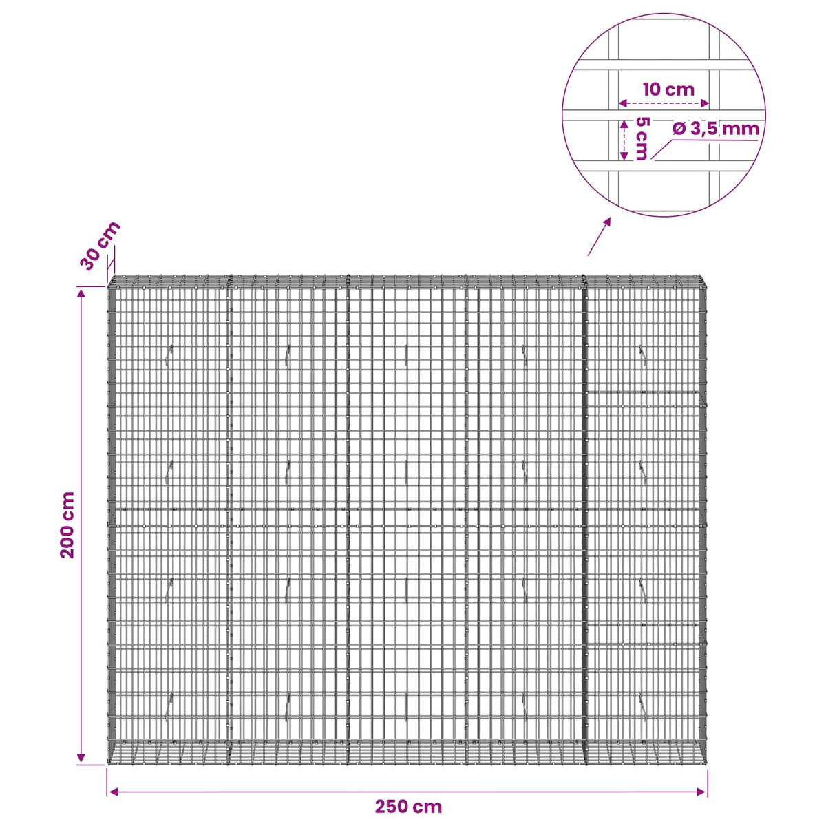 Gabion with 3.5 mm Wire and 5x10 cm Mesh 250x30x200 cm