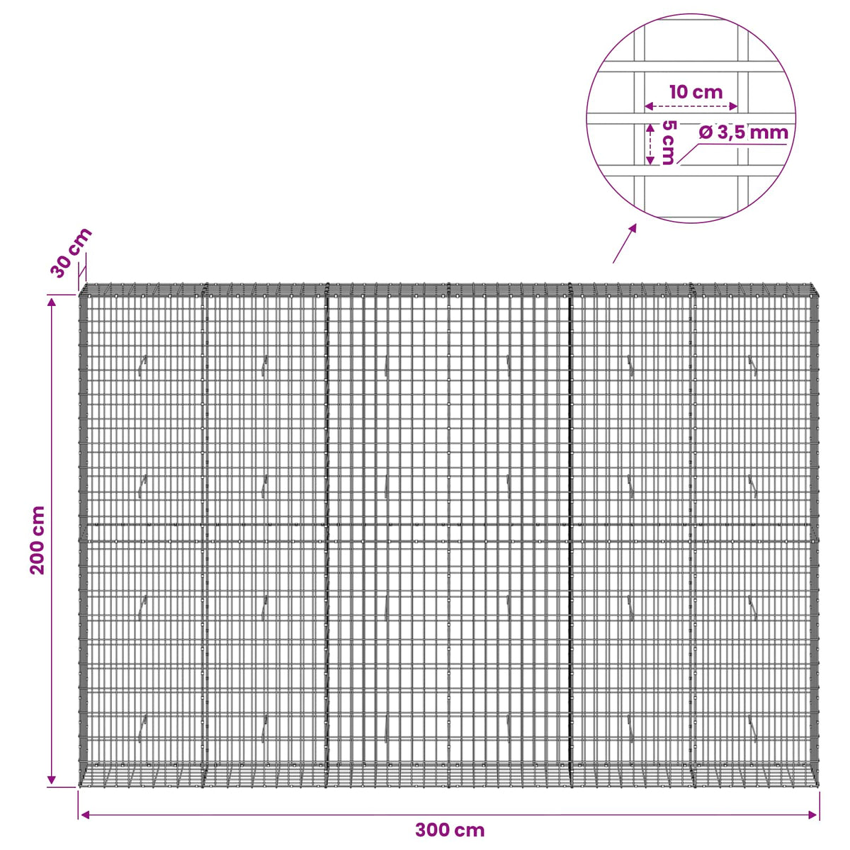 Gabion with 3.5 mm Wire and 5x10 cm Mesh 300x30x200 cm