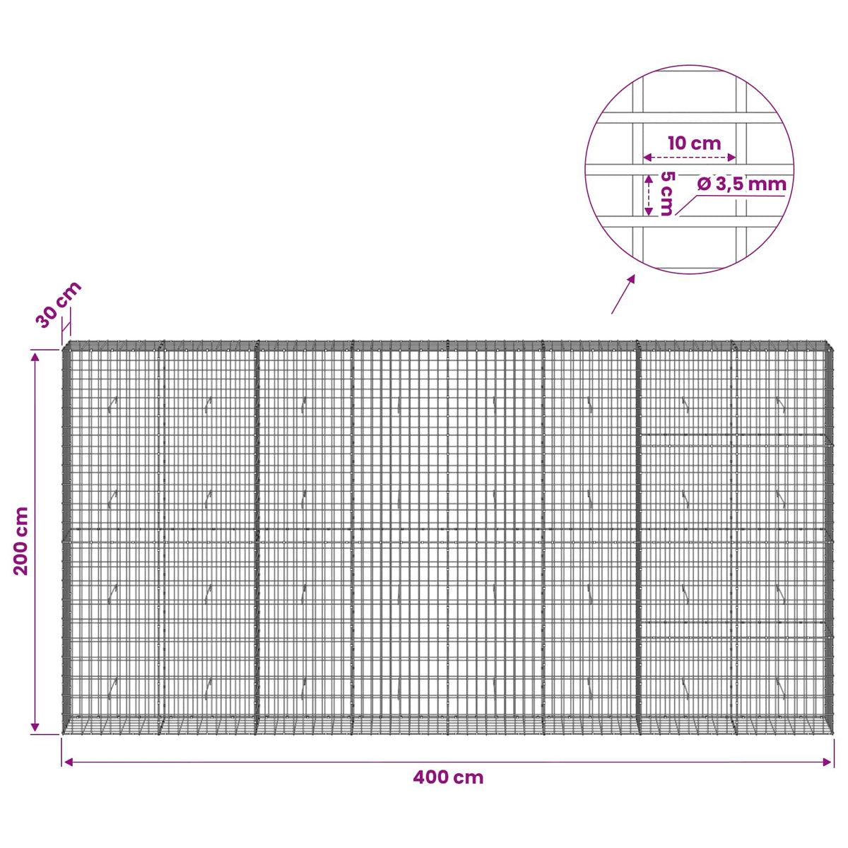 Gabion with 3.5 mm Wire and 5x10 cm Mesh 400x30x200 cm