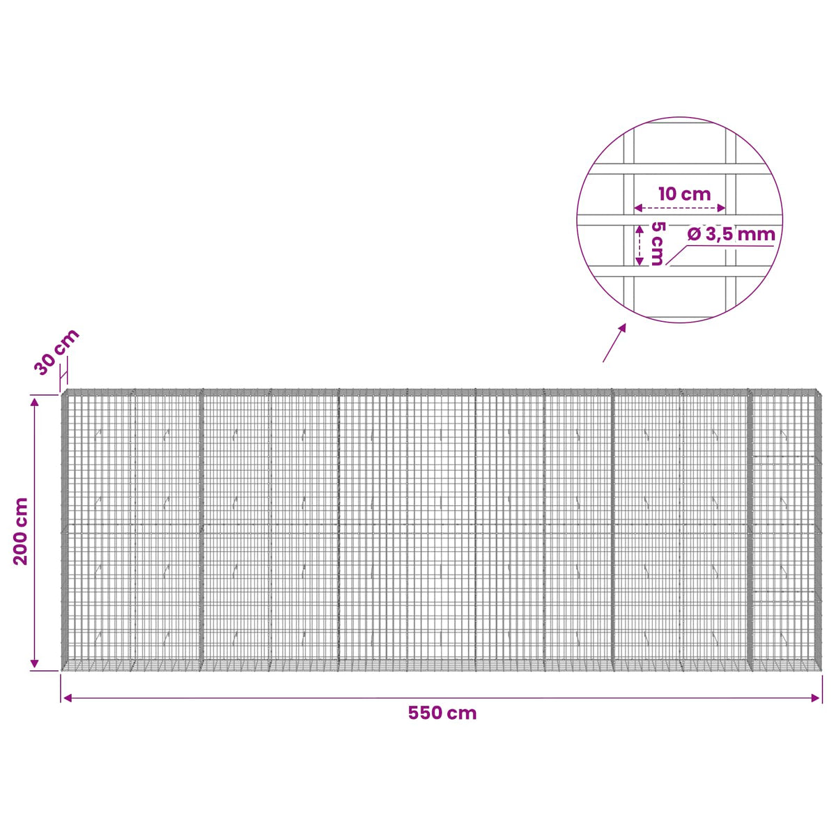 Gabion with 3.5 mm Wire and 5x10 cm Mesh 550x30x200 cm