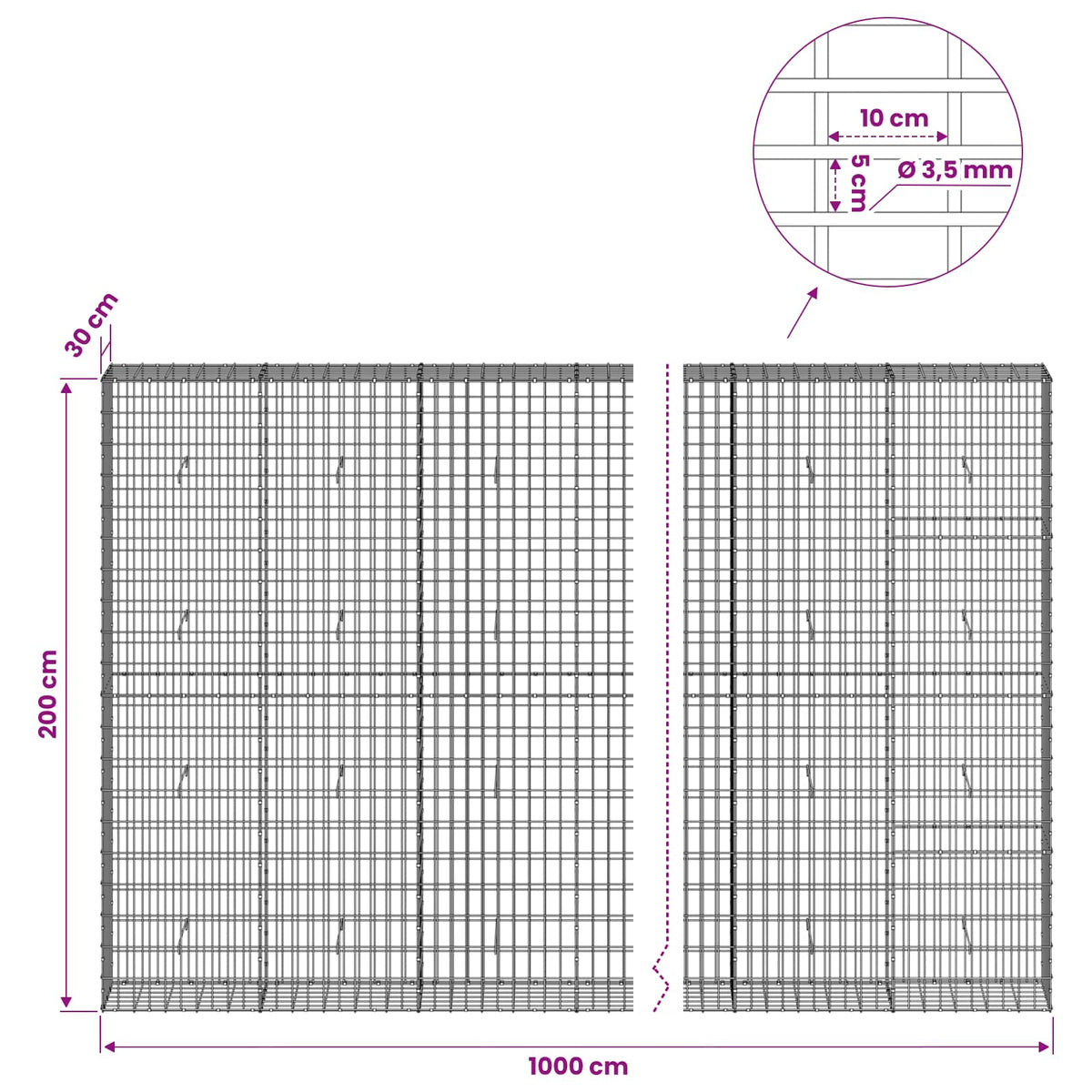 Gabion with 3.5 mm Wire and 5x10 cm Mesh 1000x30x200 cm