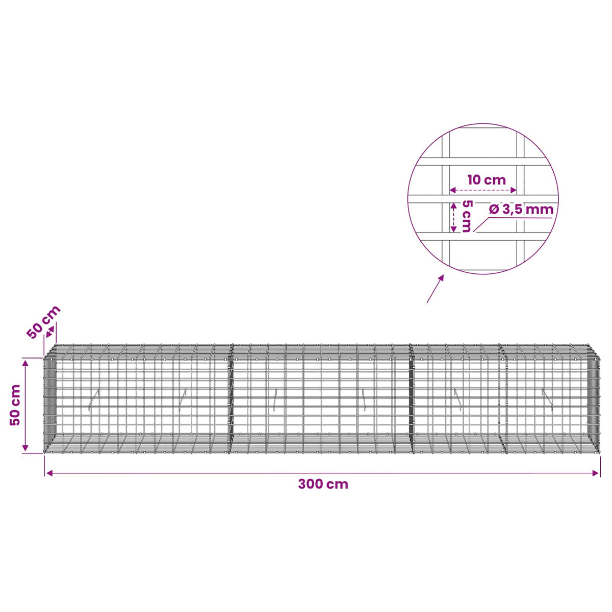 Gabion with 3.5 mm Wire and 5x10 cm Mesh 300x50x50 cm