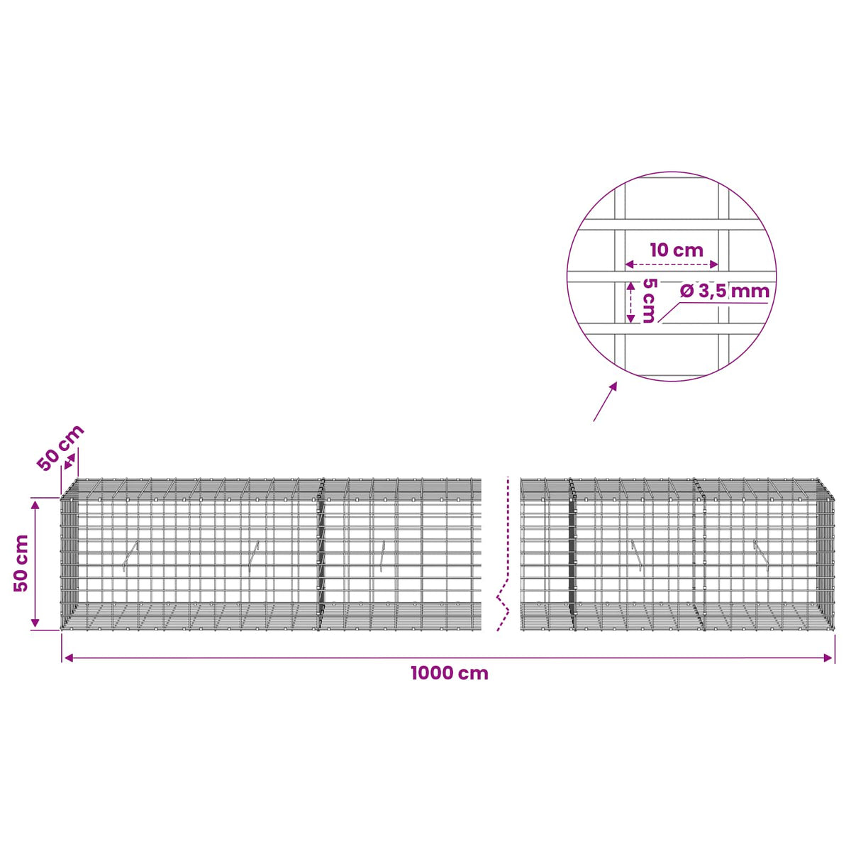 Gabion with 3.5 mm Wire and 5x10 cm Mesh 1000x50x50 cm