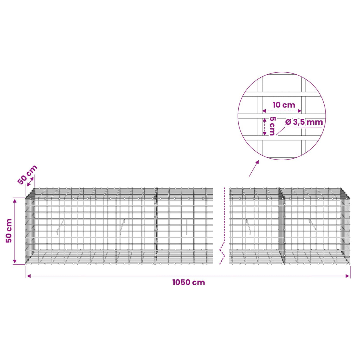Gabion with 3.5 mm Wire and 5x10 cm Mesh 1050x50x50 cm