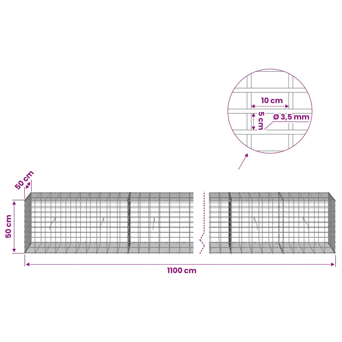 Gabion with 3.5 mm Wire and 5x10 cm Mesh 1100x50x50 cm