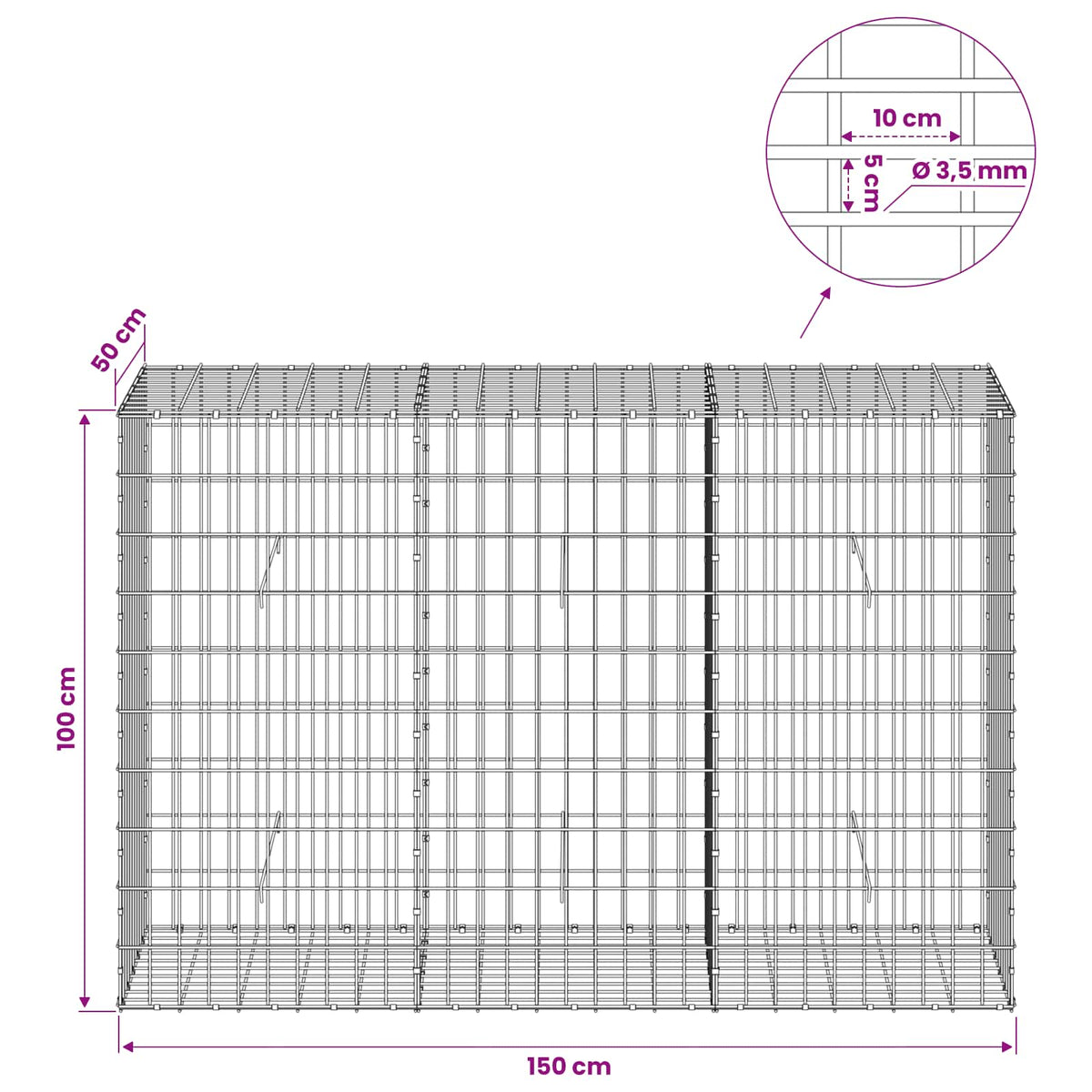 Gabion with 3.5 mm Wire and 5x10 cm Mesh 150x50x100 cm