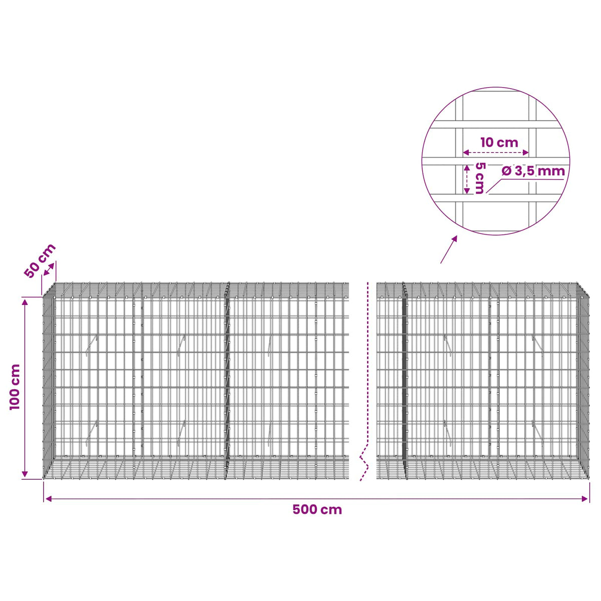 Gabion with 3.5 mm Wire and 5x10 cm Mesh 500x50x100 cm