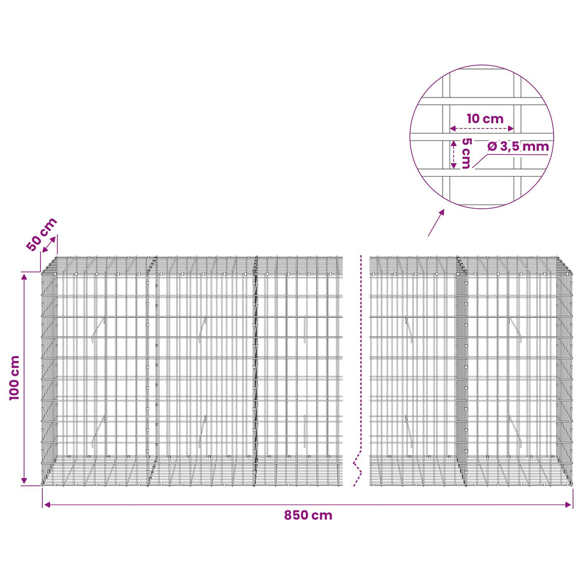 Gabion with 3.5 mm Wire and 5x10 cm Mesh 850x50x100 cm