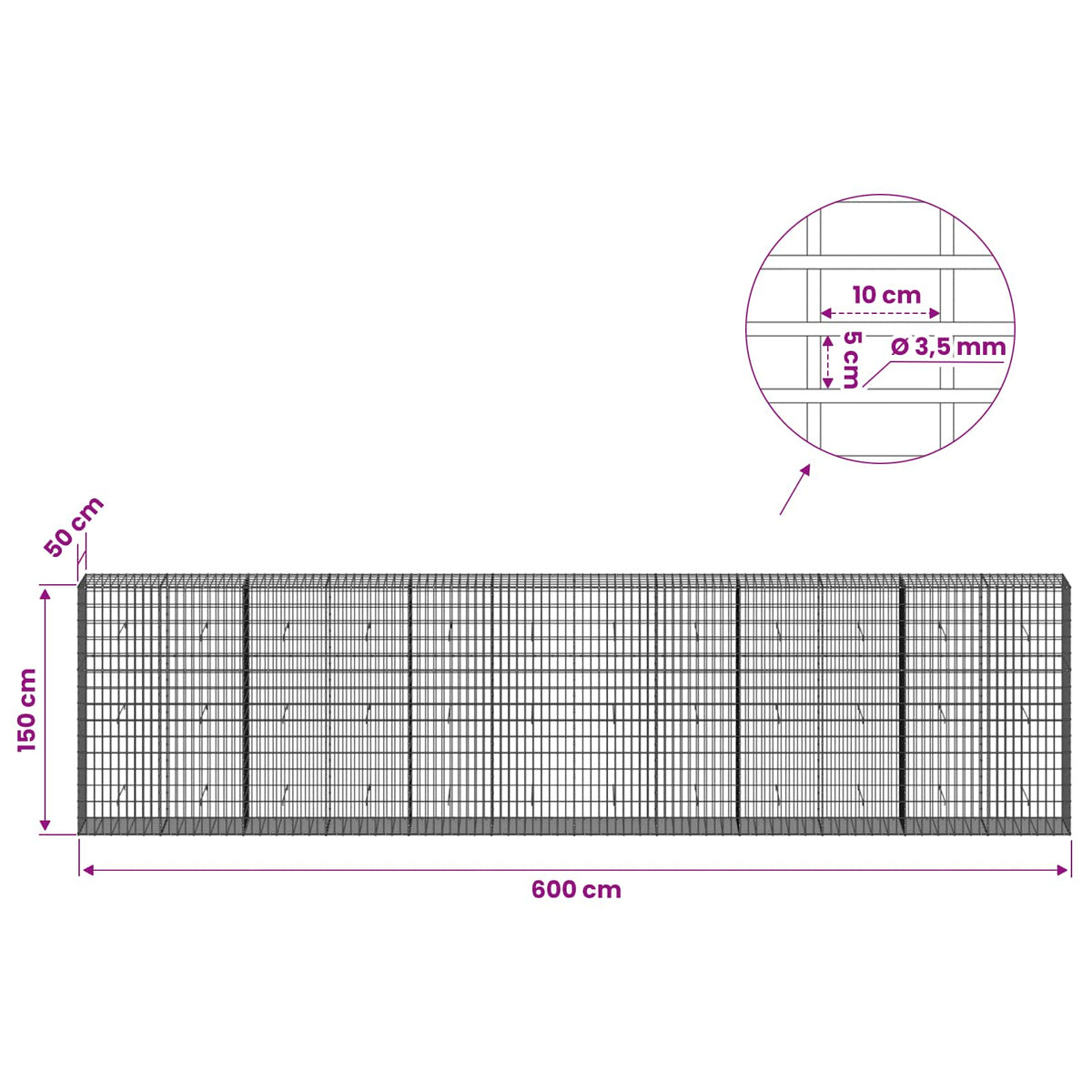 Gabion with 3.5 mm Wire and 5x10 cm Mesh 600x50x150 cm