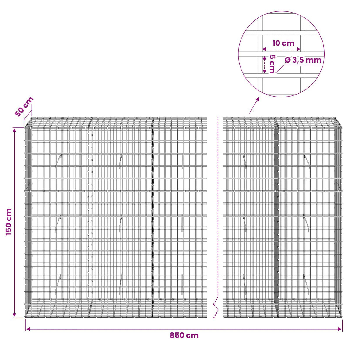 Gabion with 3.5 mm Wire and 5x10 cm Mesh 850x50x150 cm
