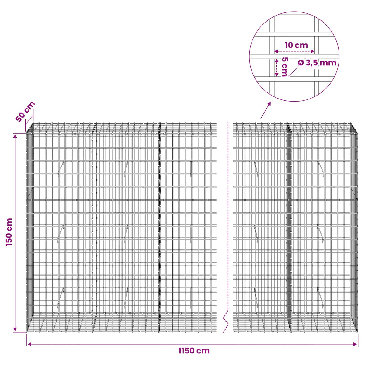 Gabion with 3.5 mm Wire and 5x10 cm Mesh 1150x50x150 cm