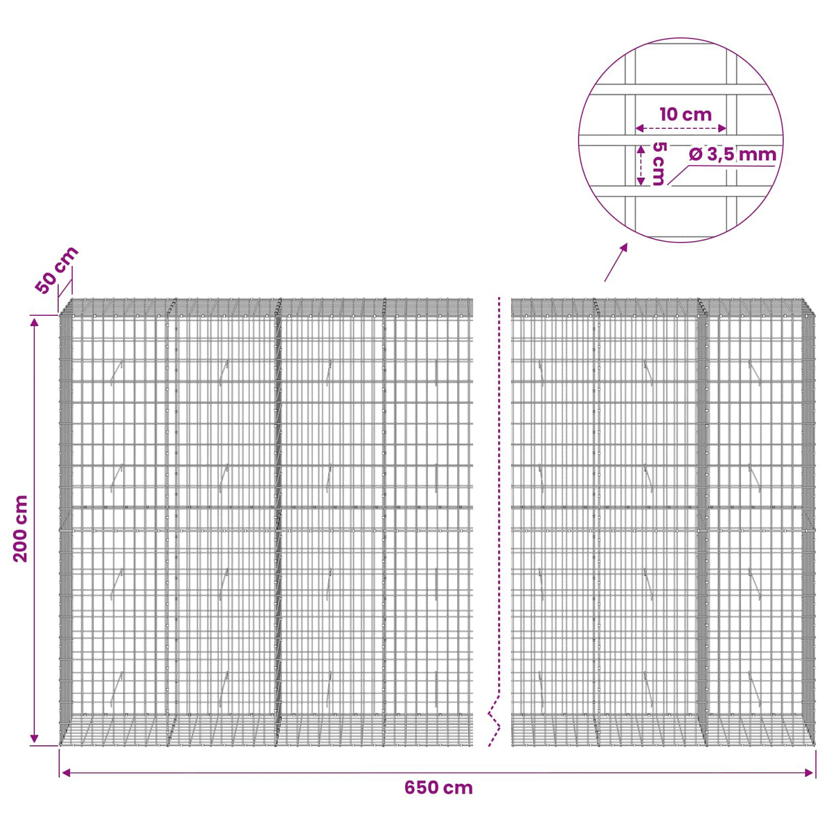 Gabion with 3.5 mm Wire and 5x10 cm Mesh 650x50x200 cm