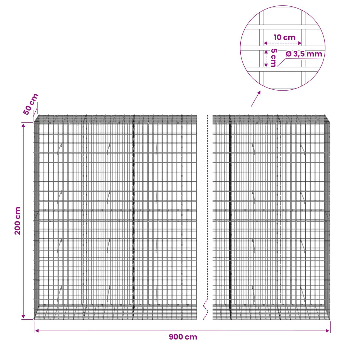 Gabion with 3.5 mm Wire and 5x10 cm Mesh 900x50x200 cm
