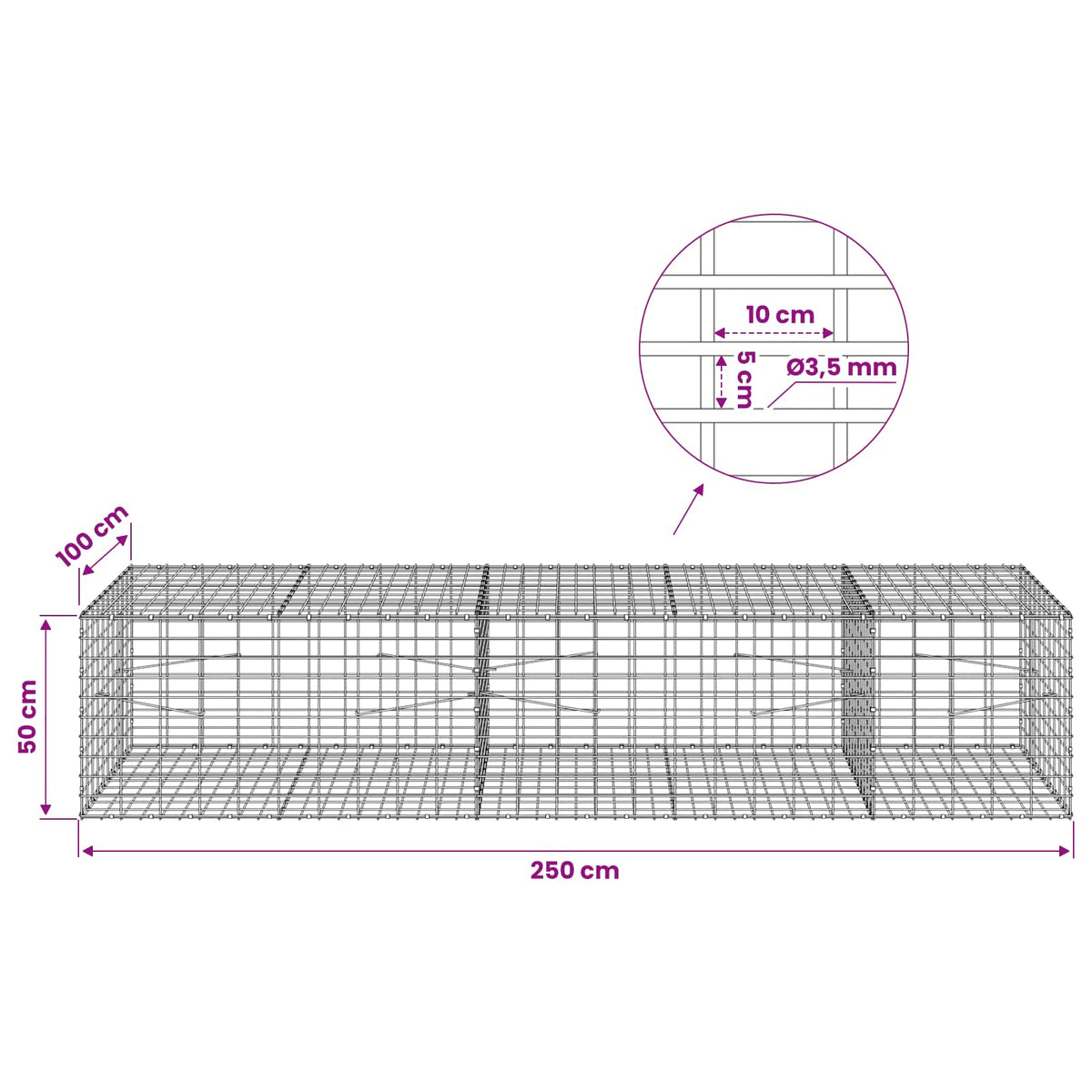 Gabion with 3.5 mm Wire and 5x10 cm Mesh 250x100x50 cm