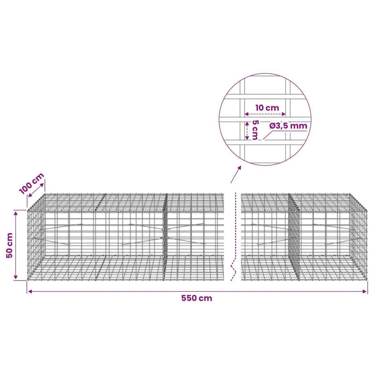 Gabion with 3.5 mm Wire and 5x10 cm Mesh 550x100x50 cm