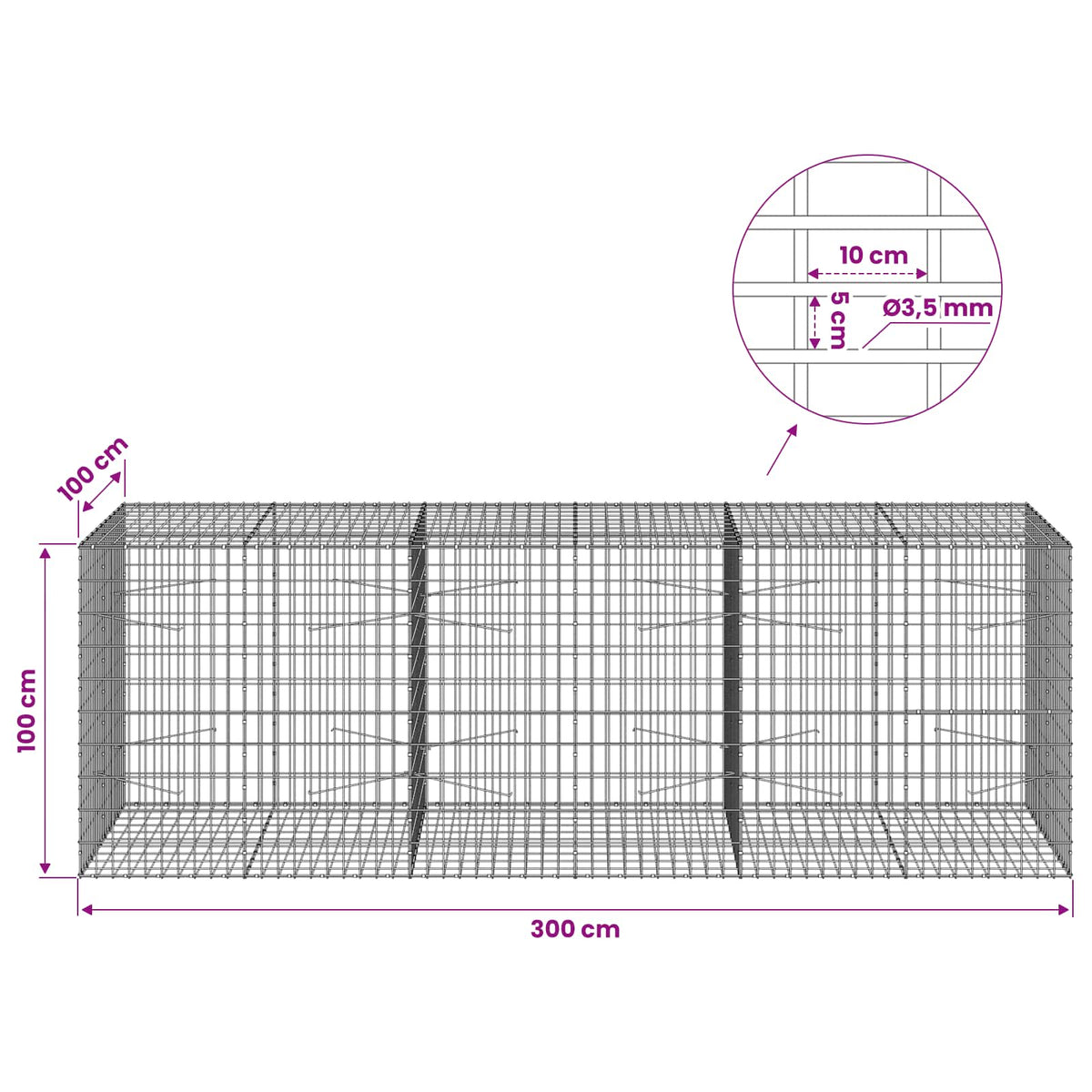 Gabion with 3.5 mm Wire and 5x10 cm Mesh 300x100x100 cm