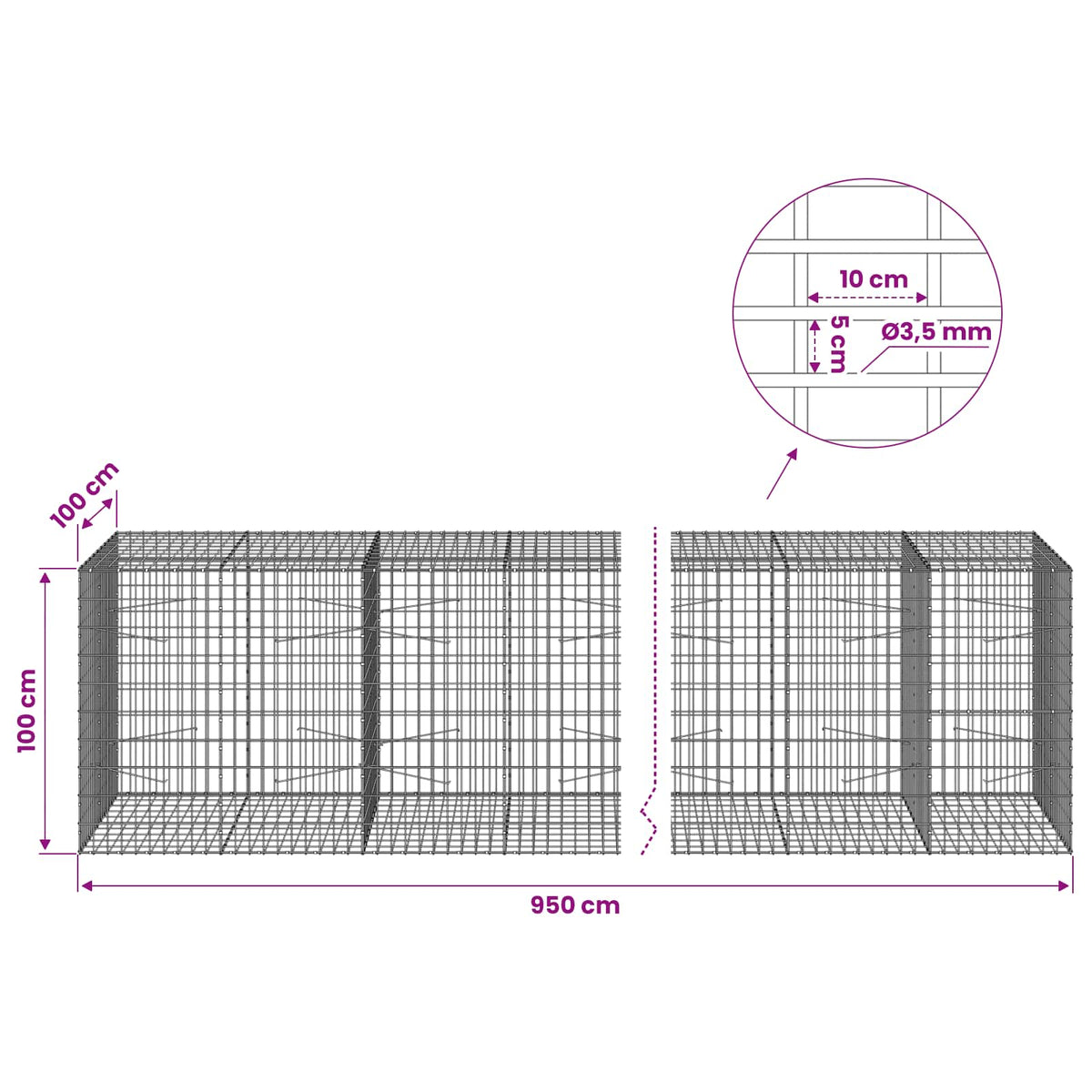 Gabion with 3.5 mm Wire and 5x10 cm Mesh 950x100x100 cm