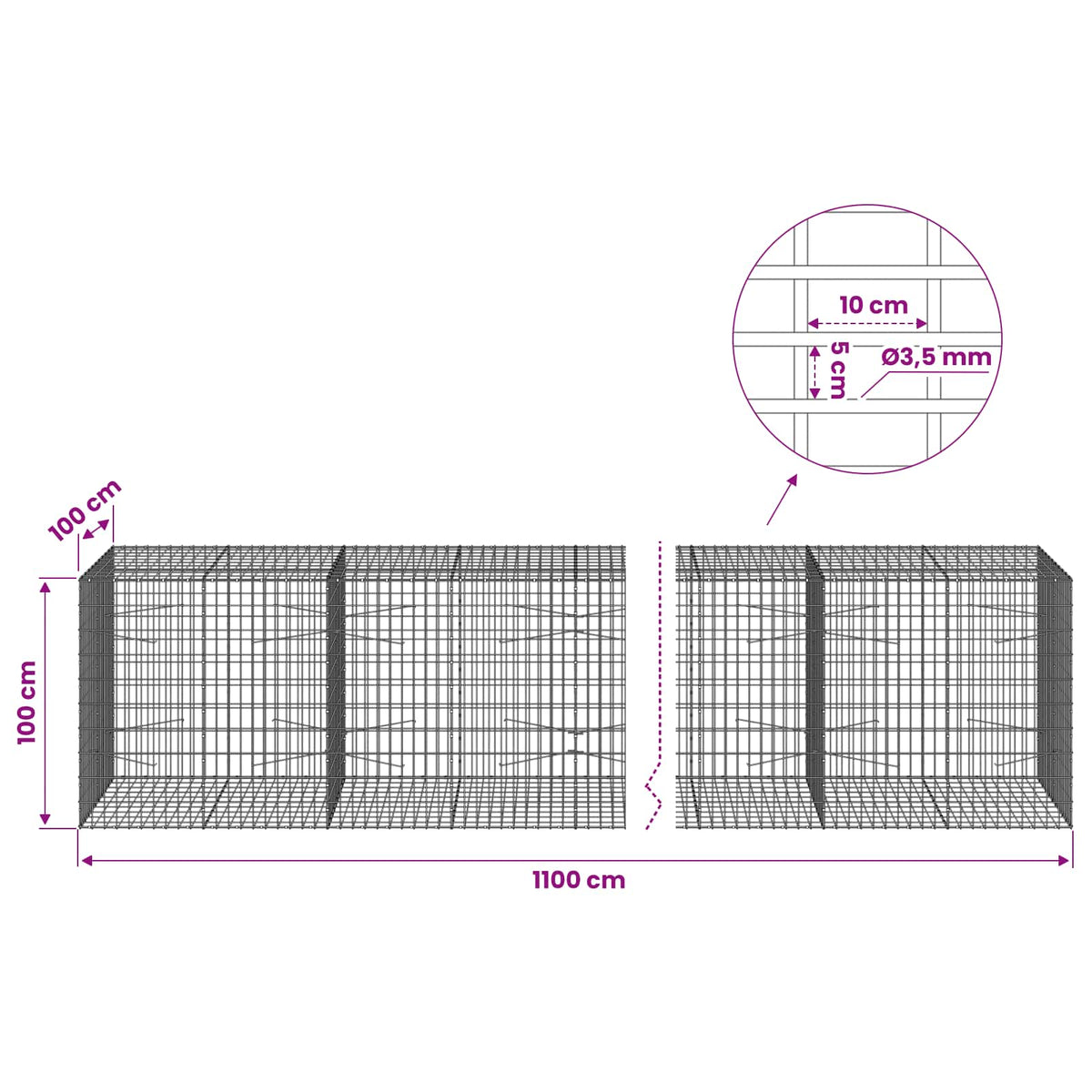 Gabion with 3.5 mm Wire and 5x10 cm Mesh 1100x100x100 cm