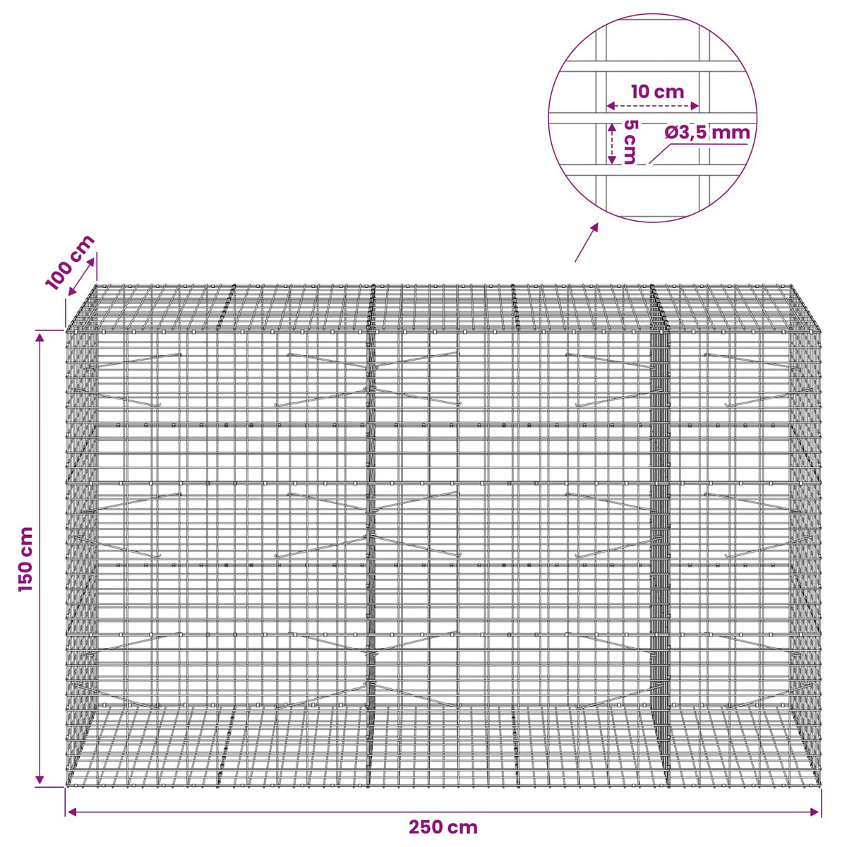 Gabion with 3.5 mm Wire and 5x10 cm Mesh 250x100x150 cm