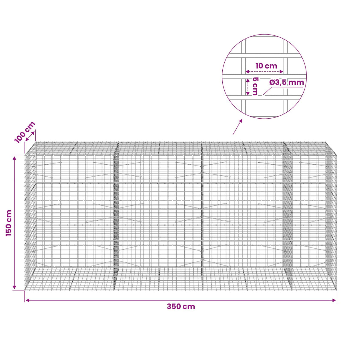 Gabion with 3.5 mm Wire and 5x10 cm Mesh 350x100x150 cm