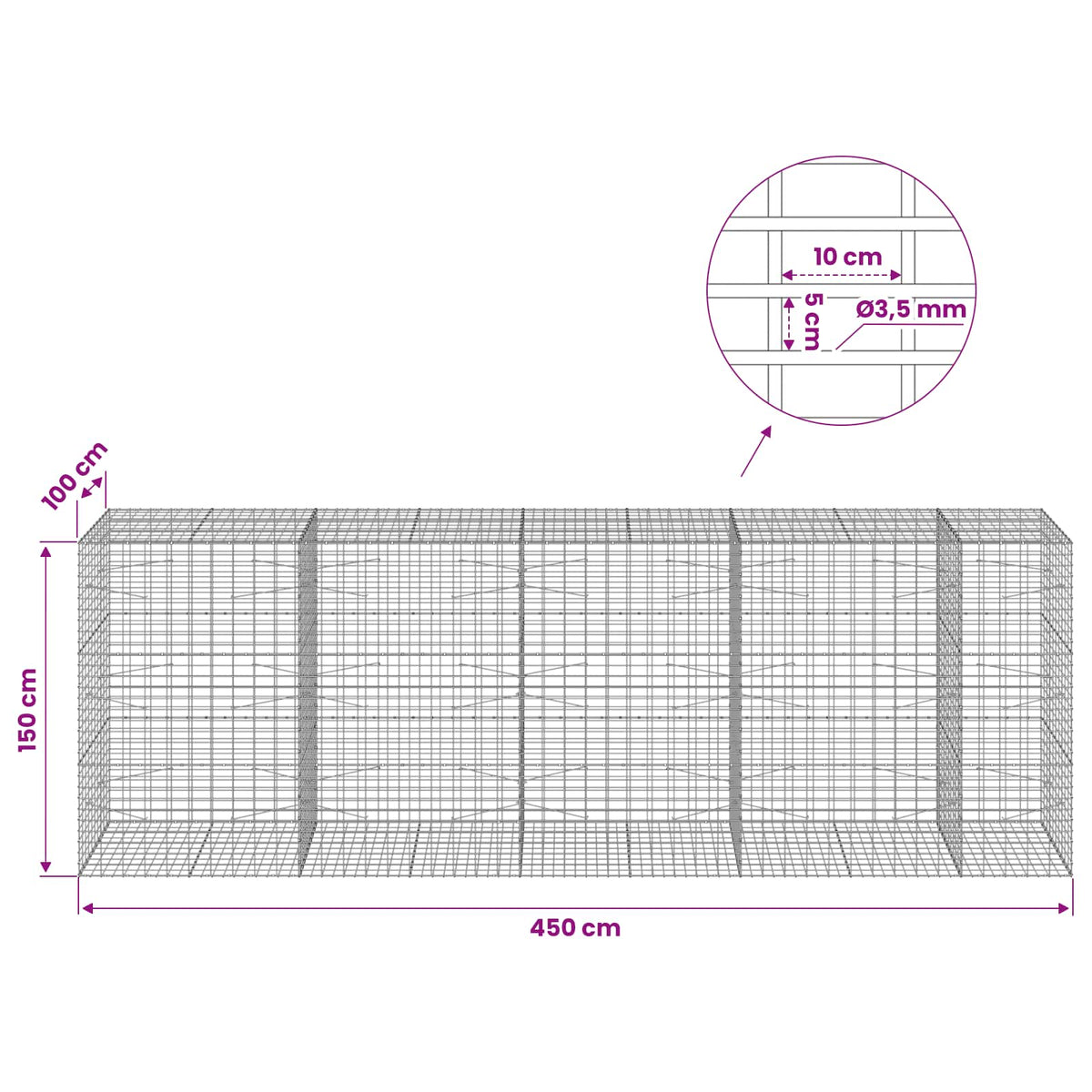 Gabion with 3.5 mm Wire and 5x10 cm Mesh 450x100x150 cm