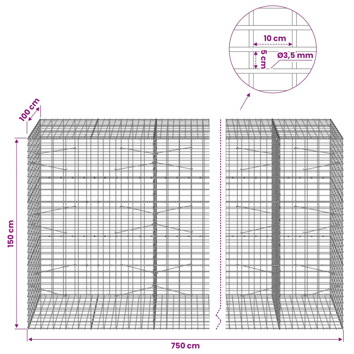 Gabion with 3.5 mm Wire and 5x10 cm Mesh 750x100x150 cm