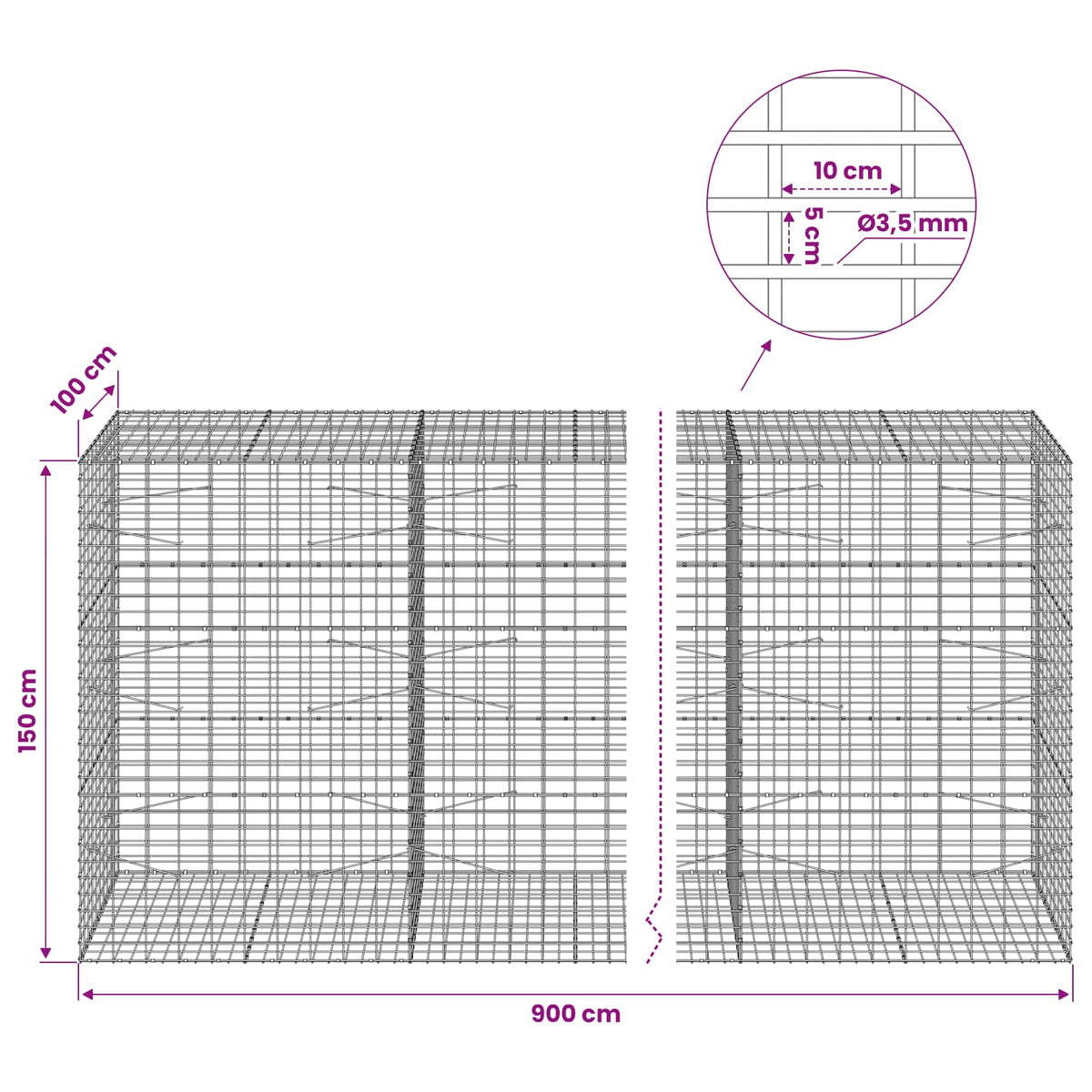 Gabion with 3.5 mm Wire and 5x10 cm Mesh 900x100x150 cm