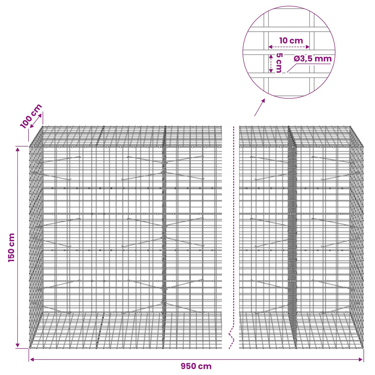 Gabion with 3.5 mm Wire and 5x10 cm Mesh 950x100x150 cm