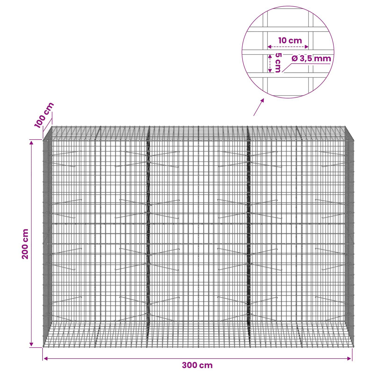 Gabion with 3.5 mm Wire and 5x10 cm Mesh 300x100x200 cm