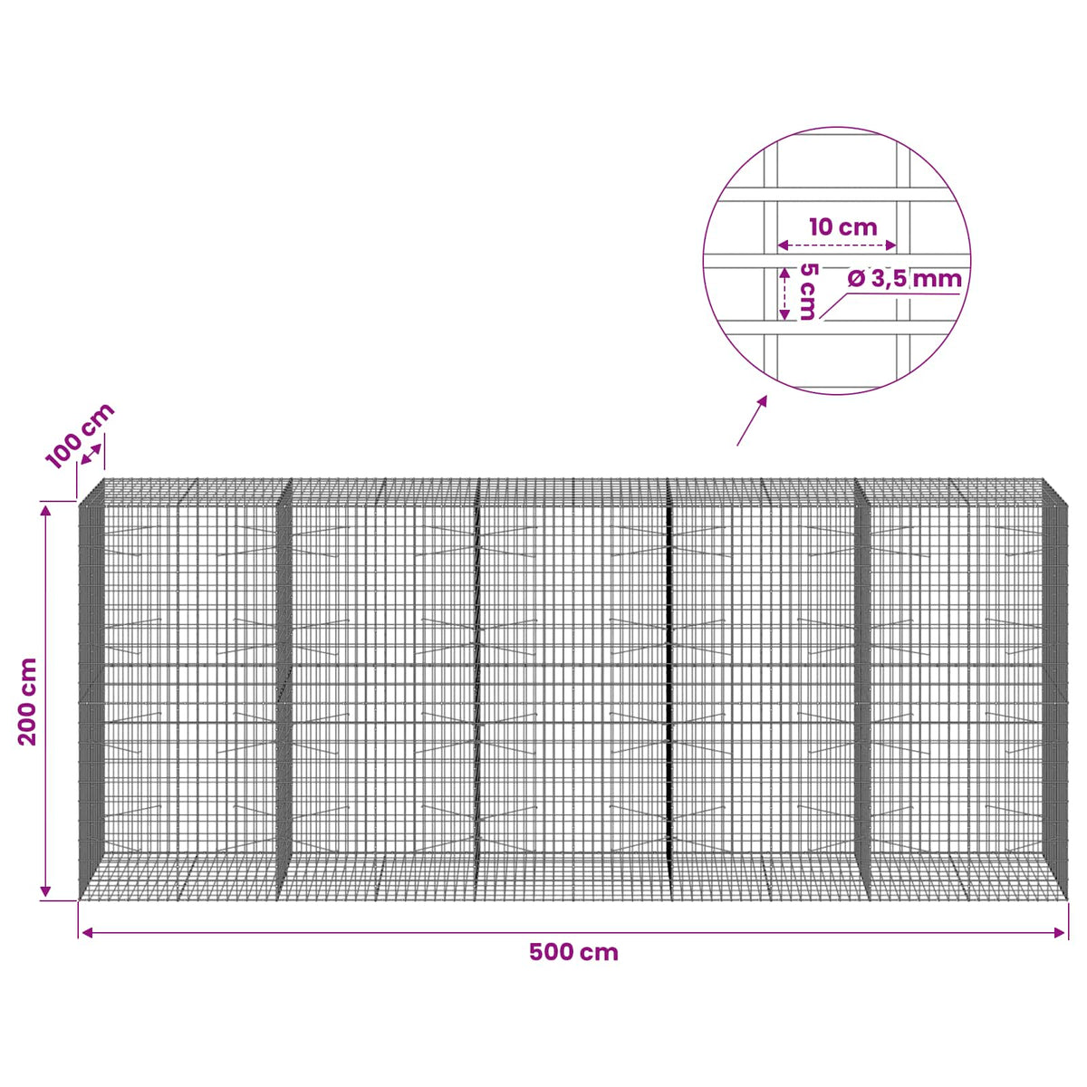 Gabion with 3.5 mm Wire and 5x10 cm Mesh 500x100x200 cm